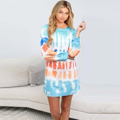 Casual Loose Dress Long Sleeve Floral Tie-dye Print Sweatshirt Dress Fall Plus Size Woman Clothing Mini Summer Dress Vestidos
