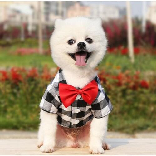 Dog Shirts Pet T-Shirt Plaid Printing Bow-knot Decor Polyester Turndown Collar Dog Costume Shirt Summer Dog Shirts