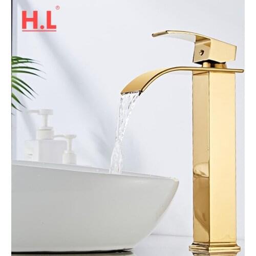 Basin Faucet Gold Waterfall Faucet Brass Bathroom Faucet Bathroom Basin Faucet Mixer Tap Hot and Cold Sink faucet