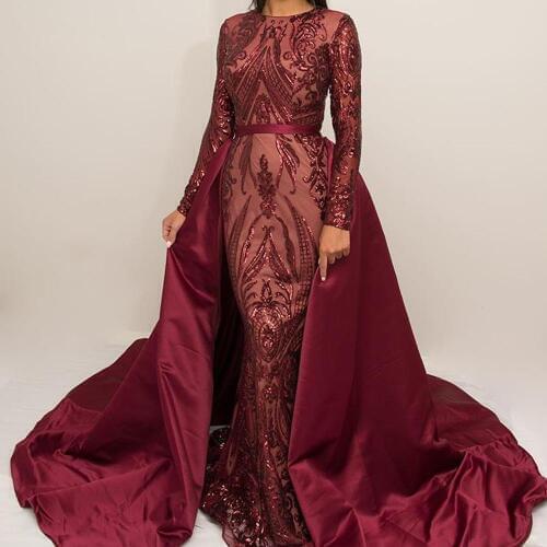 SuperKimJo Burgundy Evening Dresses 2020 Detachable Skirt Sequin Applique Elegant Modest Evening Gown Abendkleider 2019