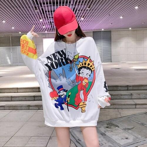 2021 Oversized Hoodie Women Spring And Autumn Korean Printing Long-Sleeved Pullover Round Neck Mid-Length Bottoming Shirt Y078