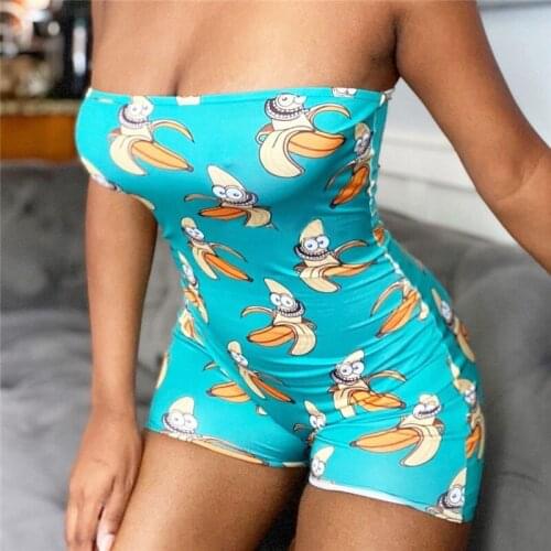 Women Printed Strapless Sexy Club Bodycon Playsuit Off Shoulder Short Slim Skinny Jumpsuit Bodysuit Overalls