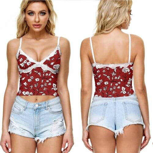 Floral Pattern Camisole 3D Print Flower Sleeveless Backless Sexy V-Neck Lace Suspender Tank Crop Top Women Girl 2021 Summer New