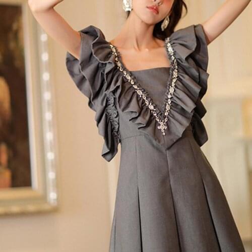 Womens Gray Square Neck Dress Retro Sleeveless High Waist Patchwork Diamond Ruffled Mini Dress 2021 Summer New