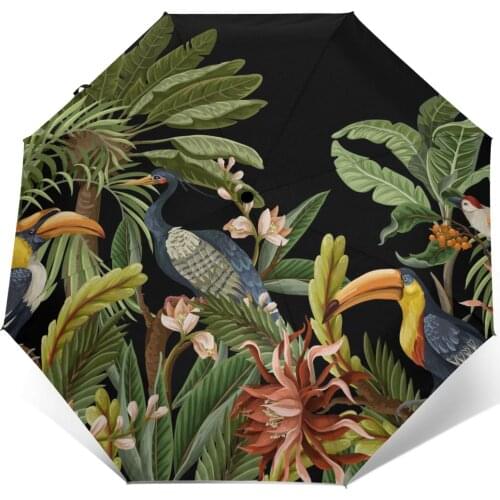 Wind Resistant Fully-Automatic Umbrella Birds And Tropical Leaves And Flowers Rain 3 Folding Parasol Travel Car Umbrella