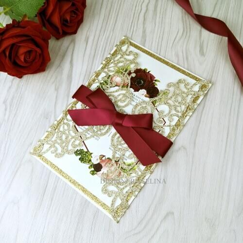 50PC Champagne Glitter Floral Printing Wedding Invitations with Burgundy Ribbon and Envelope Sprinkle Quinceanera Invites