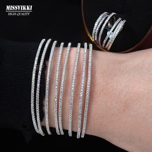 Missvikki 2PCS Romantic Elegant Luxury Shiny Wide Bangle Ring Set For Women Bridal Wedding Full Micro Cubic Zircon Pave Party