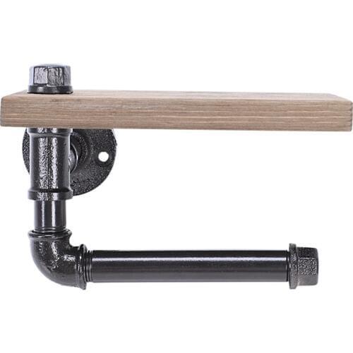 Toilet Roll Holder Multifunction Retro-Styled Iron Pipe Wall Mount Paper Towel Rack with Wooden Storage Shelf Retro Bathroom Rac