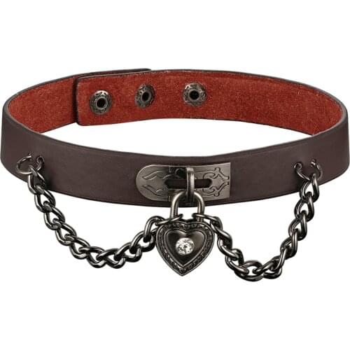 15'' Trendy Sexy Punk Leather Heart Pattern Choker Collar Necklace Handmade Lock Heart Drop Pendant Black Necklace for Women