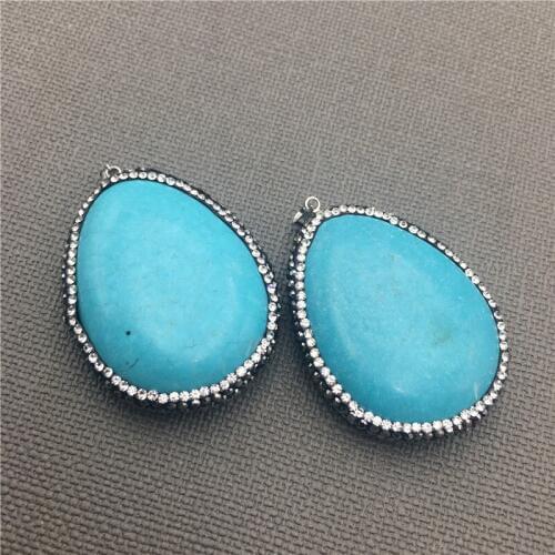 MY0520 Oval Blue Howlite Paved Rhinestone Crystal Pendant Teardrop Shape Turquoises Necklace Making Pendant Charm
