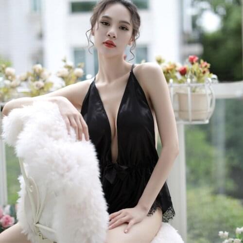 Sexy Onesies Lingerie Backless Bodysuits Underwear Elegant Satin Jumpsuit Overalls Lace Deep V-neck Nightwear Exotic Sleepwear