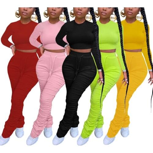 Casual Womens Long Sleeve Tops Trousers Suit Fashion Solid Color Cropped T-shirts and Drawstring Long Pants