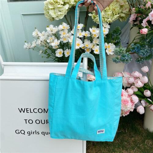 Simple Plaid Women Foldable Shoulder Bags Double Side Ladies Reusable Canvas Shopping Handbags Large Capacity Female Casual Tote