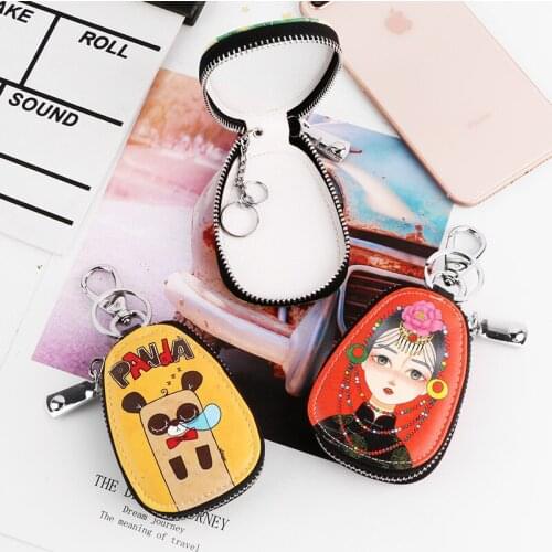Q Creative Cartoon Cute Cat Painted Design Key Bag for Women PU Leather Key Wallets Key Case for Car Key Chains Cover