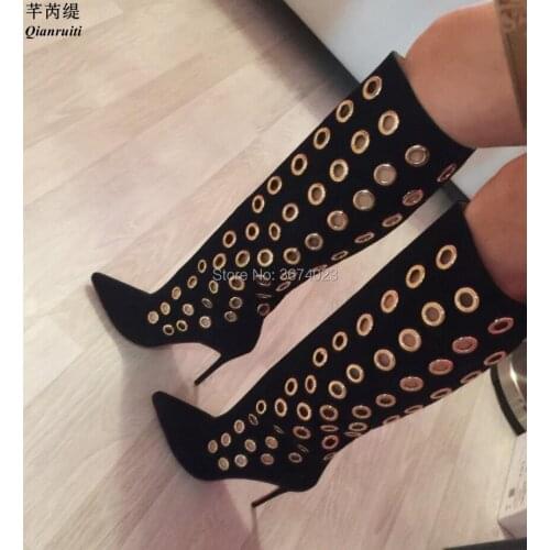 Qianruiti Women Black Knee High Boots Cut Outs Rings High Heels Pointed Toe Stilettos Motorcycle Boots