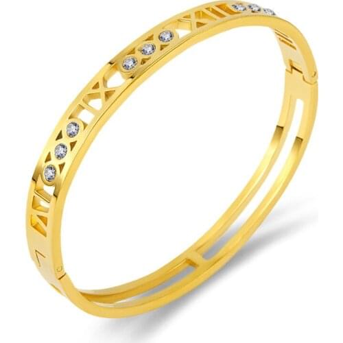 Luxury Hollow Roman Numerals CZ Crystal Rinestone Stainless Steel Bangles For Women Cuff Womens Bracelet Jewelry Girl Gifts