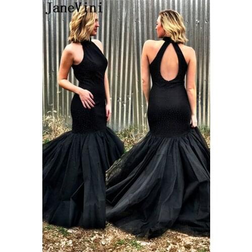 JaneVini Sexy Plus Size Long African Black Mermaid Prom Dresses High Neck Beading Backless Tulle Floor Length Formal Prom Gowns