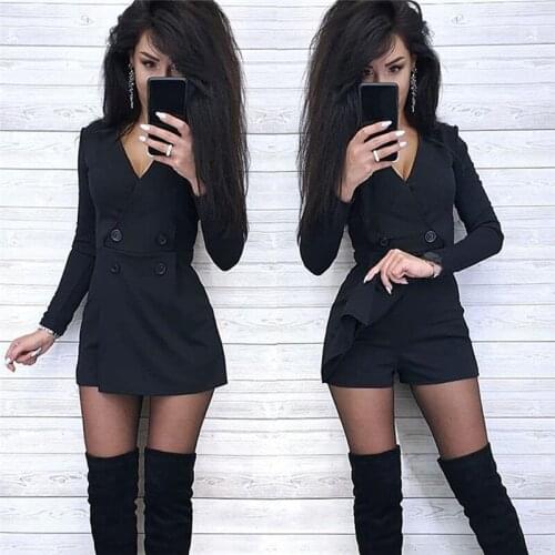 Chic Women Playsuits Solid Color Long Sleeve V Neck Double-breasted Short Playsuit Jumpsuit Womens Playsuits