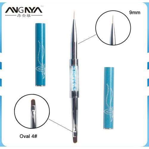 ANGNYA Rhinestone Handle Nail Art Brushes Blue Double-headed Naylon Hair Nail Brush 9mm Liner 4# Oval Gel Brush for DIY Nails
