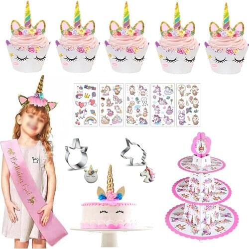 Unicorn Party Supplies Rainbow Cupcake Toppers And Wrappers Cake Stand Unicorn Crown For Baby Girl Birthday Party Decoration