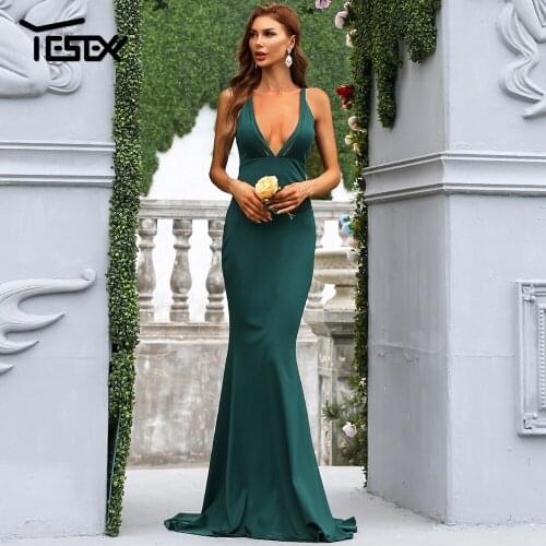 Yesexy 2021 Women Sexy Party Dresses Elegant Vestidos Spaghetti Strap Sleeveless Deep V Neck Bodycon Green Long Dress Female