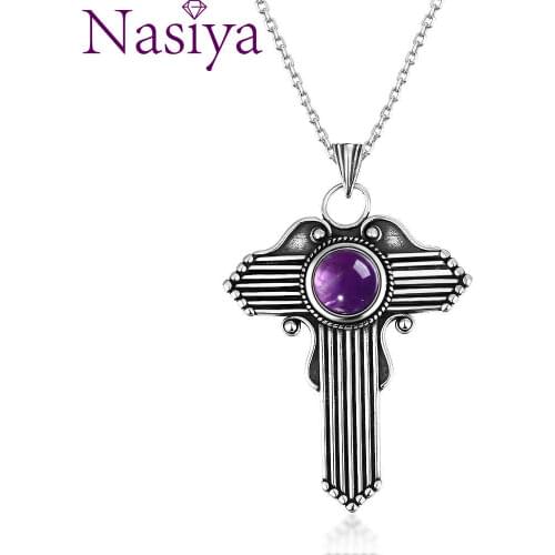 Jewelry S925 Sterling Silver Pendant Necklace Round 8MM Natural Amethyst Cross Pendant Necklace Womens Gifts Wholesale Party