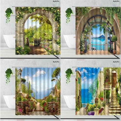 Stone Arch Sea View Flowers Garden Scenery Shower Curtains Green Plants Idyllic Scenery Home Decor Background Bathroom Curtain