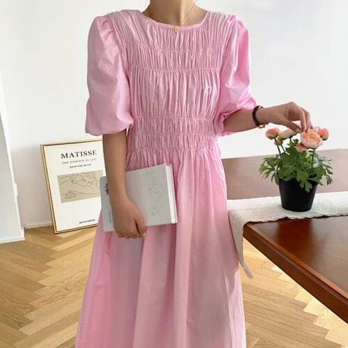 Korean Chic Summer Ocean Temperature Soft Pink Round Neck Pleated Design Sense Waist Long Puff Sleeve Dress Women