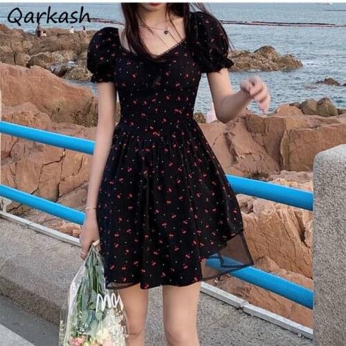 Dress Women Vestidos Vintage French Style Summer College Empire Temperament All-match Patchwork Elegant Mini Puff Sleeve Stylish