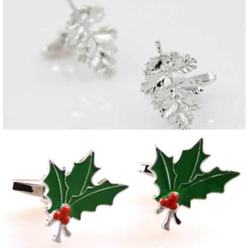 10pairs/lot Copper Enamel Christmas Leaf Cufflinks Silver 3D Hollaw Designed Leaves Cufflink Men Jewelry Xmas Gift Wholesale