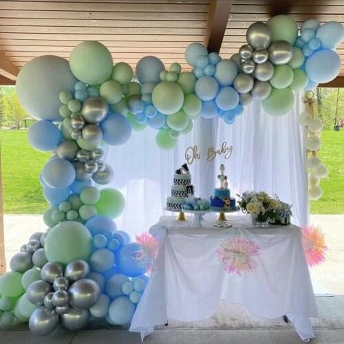 124pcs Blue Mint Green Silver Metallic Balloon Garland Arch with 16ft Balloon Strip Tape for Wedding Birthday Party Decoration