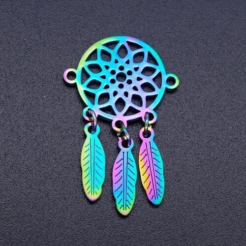 4pcs/lot 100% Stainless Steel Bohemia Dream Catcher DIY Connector Charms With Rainbow Plated Connectors for Necklace