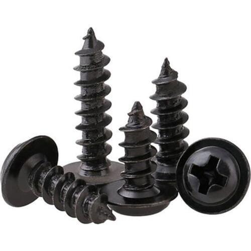 50pcs M1.2 Round head Phillips screw Self-tapping screws with pad Cross Pan heads bolts Carbon steel black bolt 3mm-5mm Long