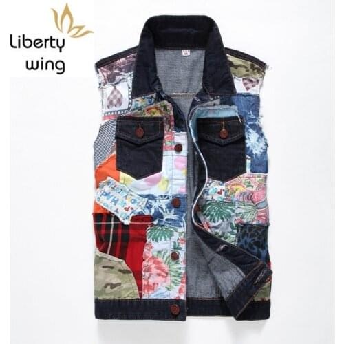 Chaleco Hombre Summer New Fashion Sleeveless Punk Style Slim Fit Mens Denim Vests Casual Patchwork Personalized Waistcoat