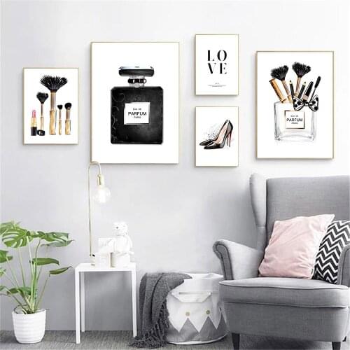 Black And White High Heels Canvas Print Makeup Brush Perfume Painting Fashion Poster Vogue Wall Art Pictures Girl Bedroom Decor