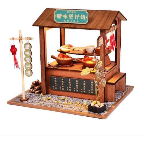 House wooden model kits DIY Night market fast food stalls shop model kits include English manuals