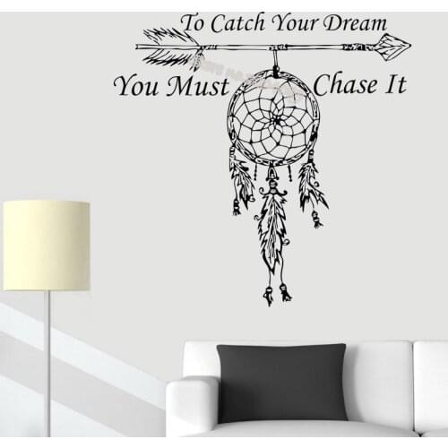 To Catch Your Dream You Must Chase It Quote Wall Sticker Dream Catcher Amulet Feathers Night Symbol Dreamcatcher EB514