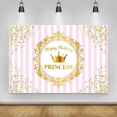 Laeacco Pink Stripe Girl Princess 1st Birthday Party Photo Backdrop Gold Corwn Baby Portrait Photocall Backgrounds Photo Studio