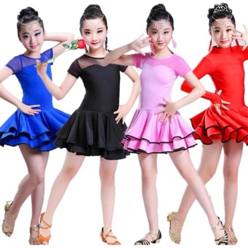 Latin Dance Dress for Children Girls Summer Short Sleeve Hollow Out Competition Performance Costumes Salsa Tango Dress