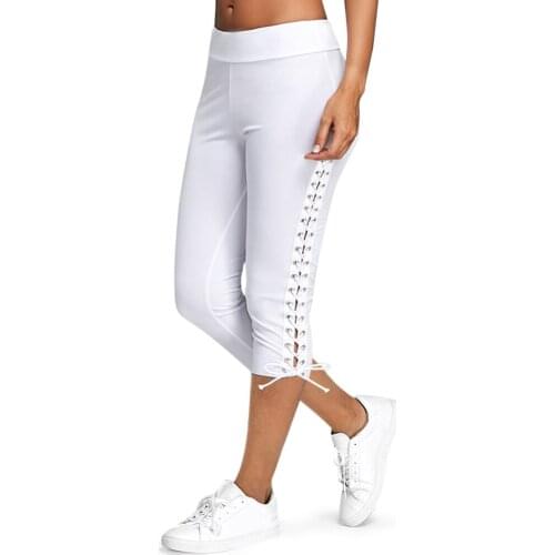 Lace Up Capri Leggings Plus Size Casual High Waist Women Side Bandage Women Leggings Mid-Calf Women Bottoms Trouser Solid Black