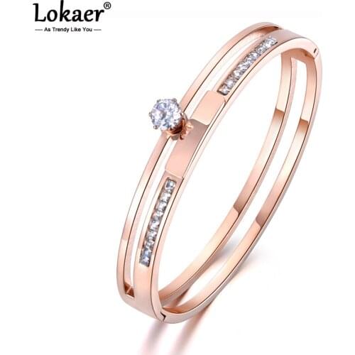Lokaer Classic CZ Crystal Stainless Steel Cuff Bracelet Jewelry For Women Rhinestone Viking Wedding Bangle Valentine Gift B19006