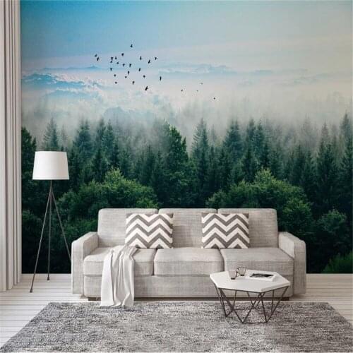 Milofi Nordic minimalist misty forest distant mountains and birds large bedroom wallpaper mural background wall