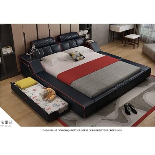 Real Genuine leather bed Soft Beds Bedroom camas lit muebles de dormitorio yatak mobilya quarto desk table light drawer storage