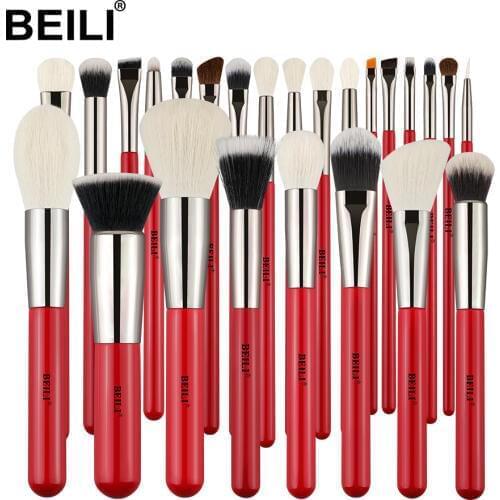BEILI Professional Red 25pcs Makeup Brushes Set Powder Foundation Natural goat pony Hair Eye blending shadow make up brush tool