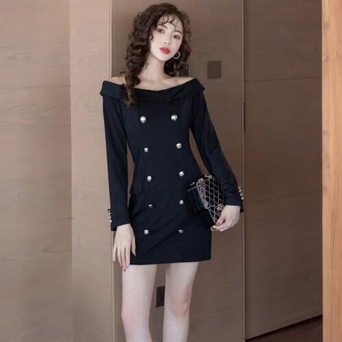 New arrival fashion comfortable black formal dress temperamental Double breasted vintage elegant cute fresh mini a-line dress