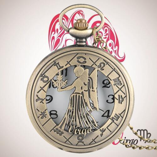Virgo Necklace Zodiac Sign Vintage Quartz Pocket Watch Astrology Pendant Birthday for August and September Gift Men Women Baby