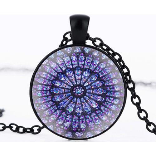 Notre Dame de Paris The Rose Window Necklace Gothic Style Painting Round Glass Dome Pendant Necklaces For Women Jewelry Gift