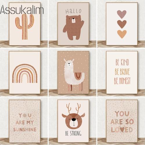 ABC Poster Cactus Alpaca Wall Paintings Rainbow Sun Prints Nursery Wall Art Posters Boho Canvas Painting Baby Room Decoration