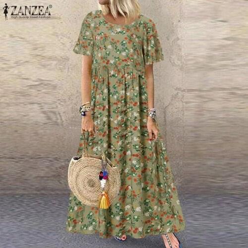 2021 ZANZEA Bohemian Summer Printed Dress Women Short Sleeve Floral Maxi Sundress Vintage Loose Casual Beach Vestidos Oversized
