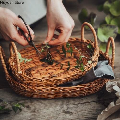 Handmade Rattan Straw Woven Fruit Basket Picnic Basket Storage Basket Tray Portable Kitchen Storage Box Modern Home Decoration